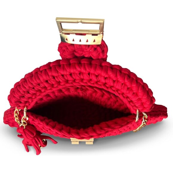 Women's Evening Clutch Handmade Crochet Small Formal Flap Red Crossbody Bag - Picture 4 of 6